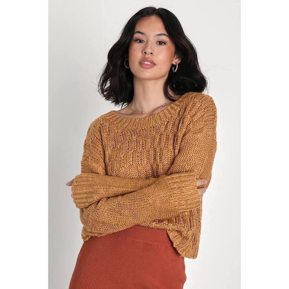 Lulus Crisp Charm Gold Textured Knit Pullover Sweater - Size S